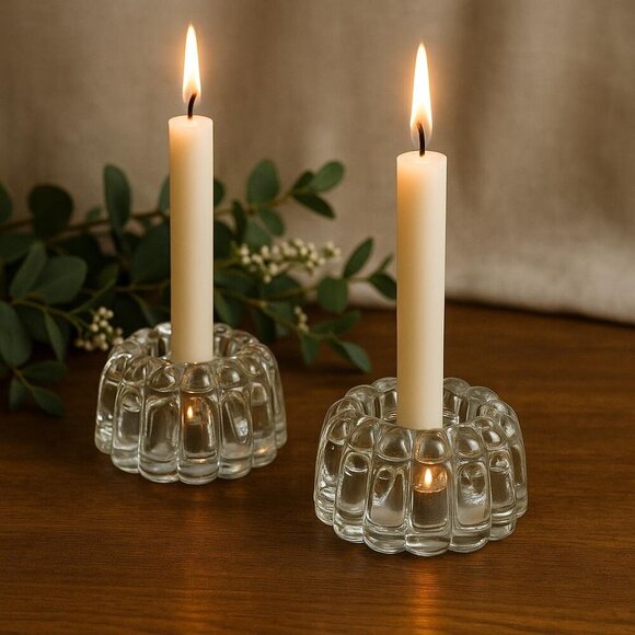 Set of 2 Heavy Clear Glass Candle Holders – Vintage Flower Frog Style - Picture 1 of 4
